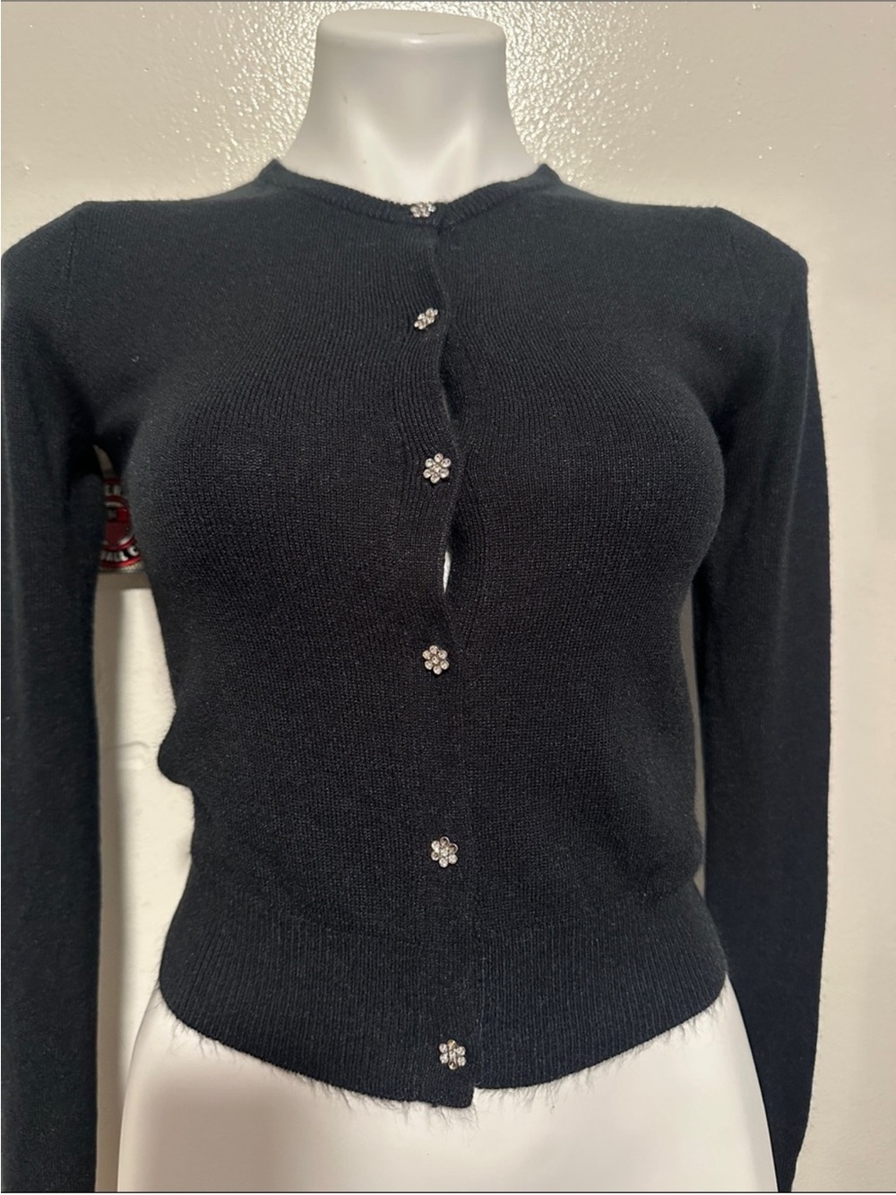 Black Women's Cropped Cardigan with Floral Jewel Buttons